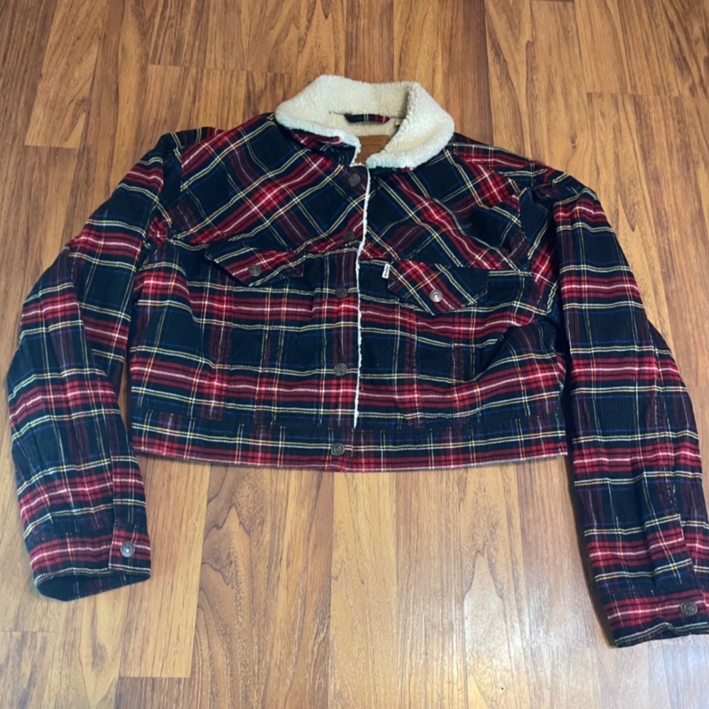 Levis Premium Plaid Corduroy Sherpa Lined Jacket Womens Large Cropped Red Black